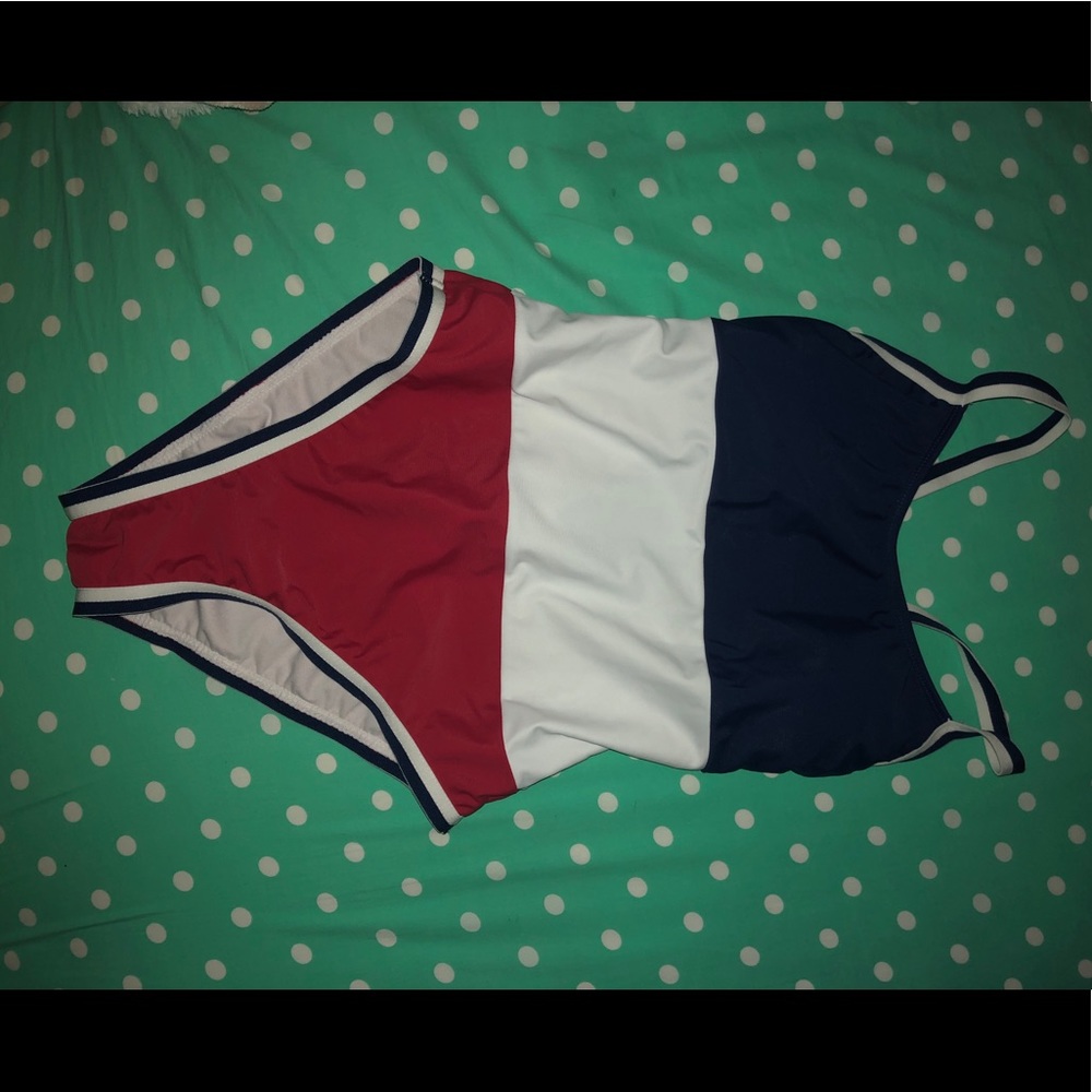 red, white, and blue patriotic one piece swimsuit
